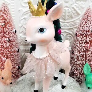 Cute Pink Kitsch Princess Deer Christmas Figurine Ballerina Tutu Crown 10" Fawn